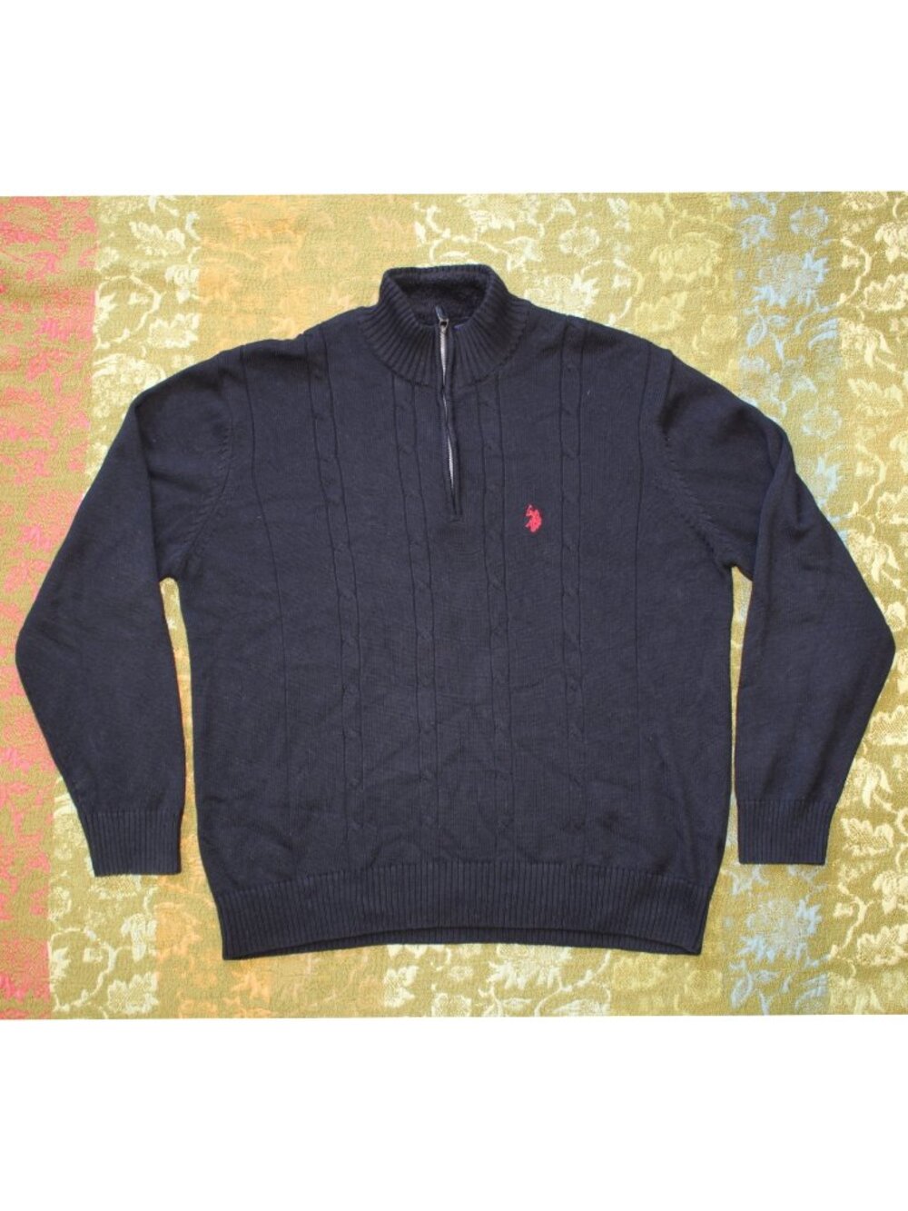 U.S. Polo Men's Cable Knit Sweater Quarter-zip 2X Red Embroidery logo cotton